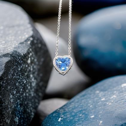 925 Sterling Silver Bling Heart Shaped Pendant Chain Necklace Blue