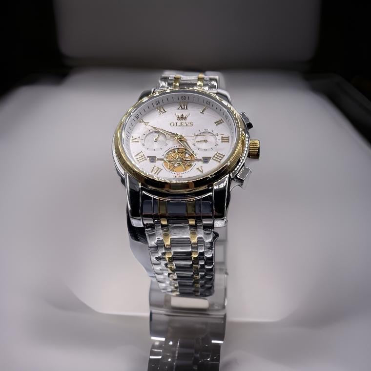 Stainless Steel Waterproof Date Week Fashion Classic Wrist Watches Men Gold White