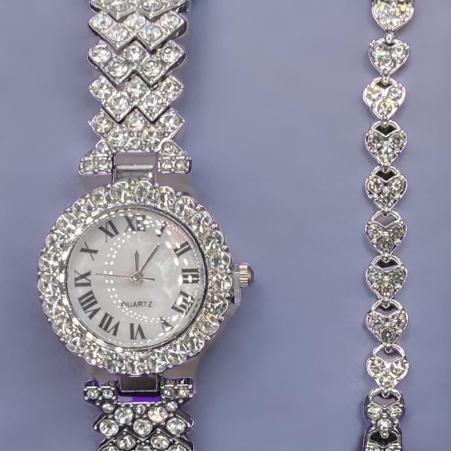 Watch And Bracelet Set Luxury Crystal Silver Color