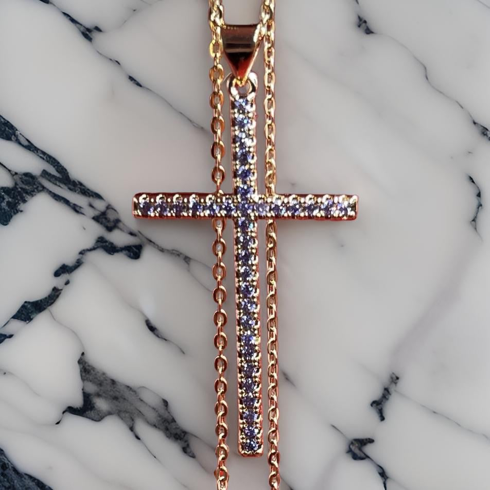 Colorful Zircon Cross Pendant 18 Inch Link Chain Necklace 18K Gold Plating For Men Or Women In Lilac