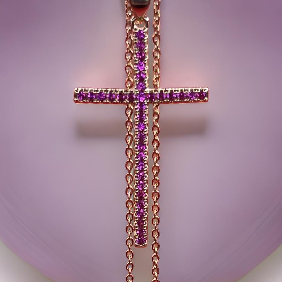 Colorful Zircon Cross Pendant 18 Inch Link Chain Necklace 18K Gold Plating For Men Or Women In Pink