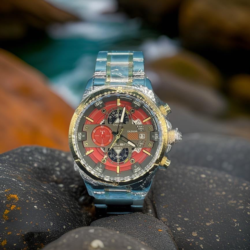Men Watch Stainless Steel Water Proof In Red Face Silver Steel Belt
