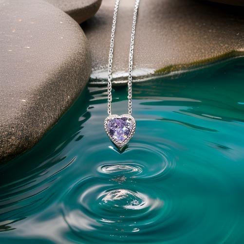 925 Sterling Silver Bling Heart Shaped Pendant Chain Necklace In Light Purple