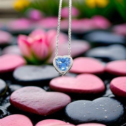 925 Sterling Silver Bling Heart Shaped Pendant Chain Necklace Blue