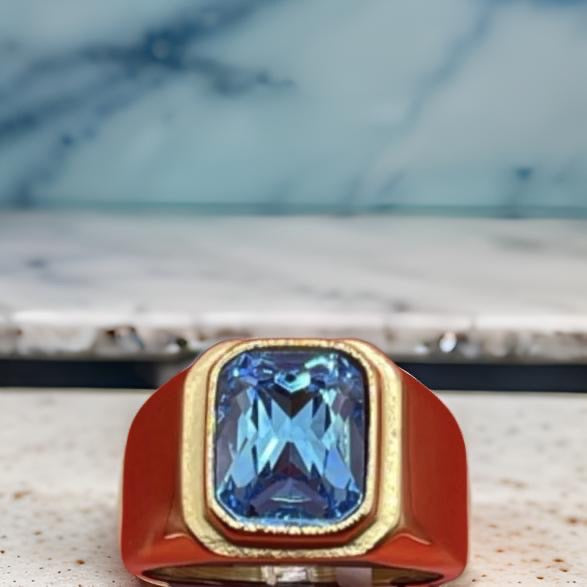 Square Gem Stone Stainless Steel Ring Men Jewelry Gold With Light Blue Size 10