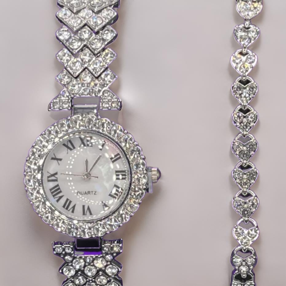 Watch And Bracelet Set Luxury Crystal Silver Color