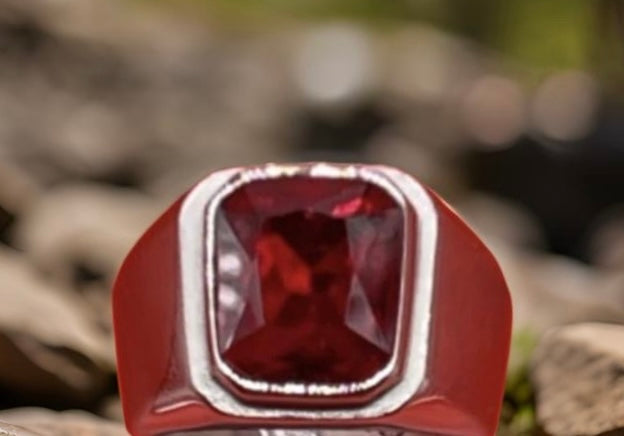 Square Gem Stone Stainless Steel Ring Men Jewelry Silver Red Size 10