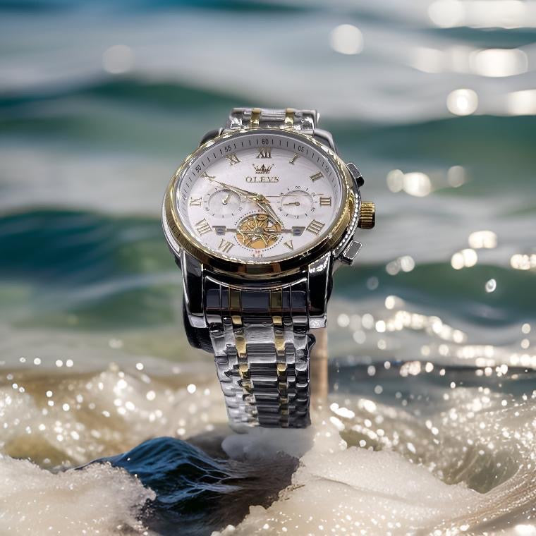 Stainless Steel Waterproof Date Week Fashion Classic Wrist Watches Men Gold White