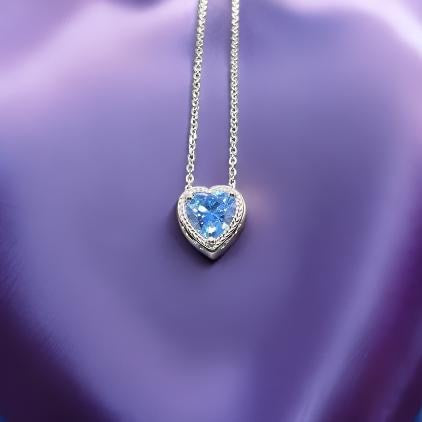 925 Sterling Silver Bling Heart Shaped Pendant Chain Necklace Blue