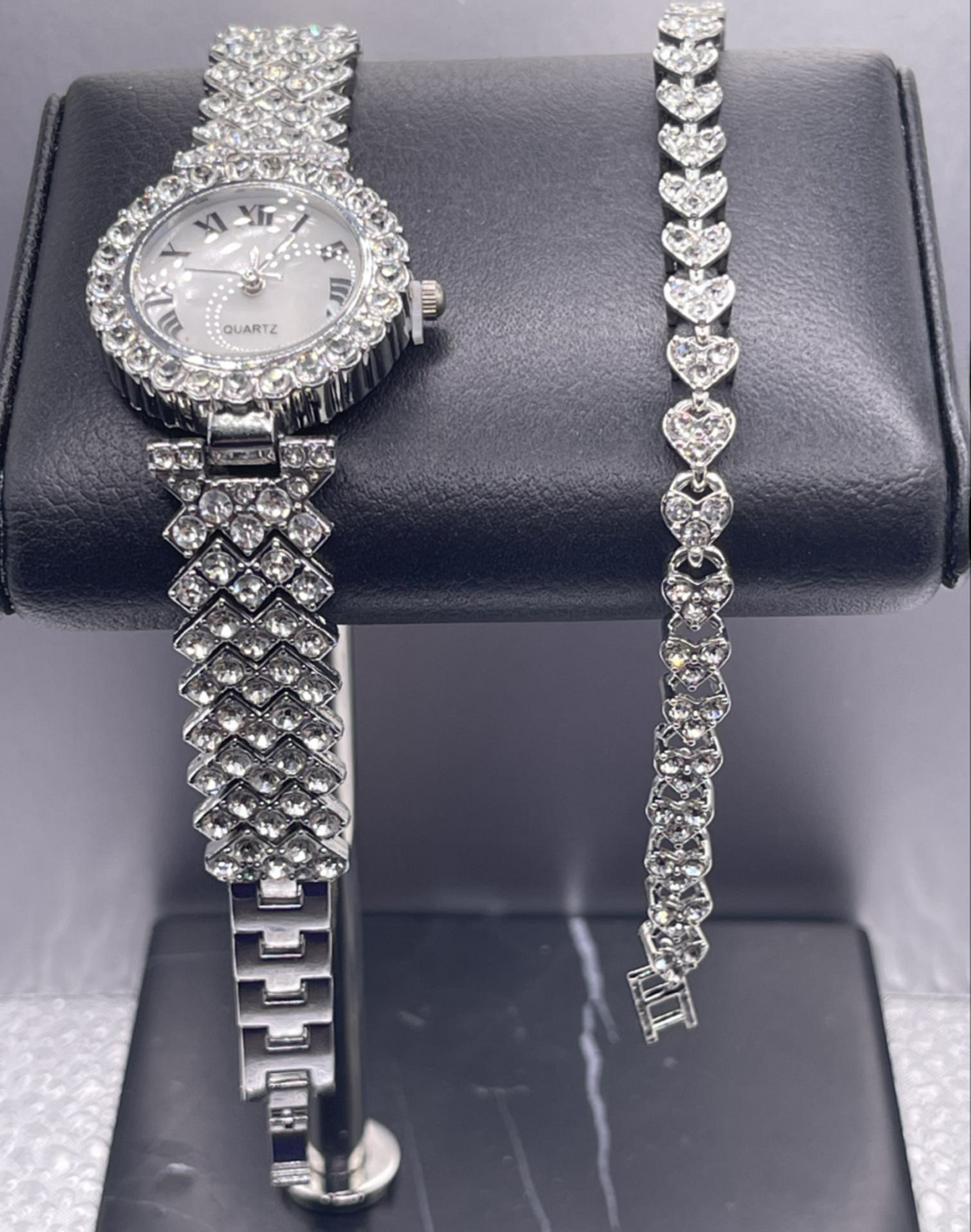 Watch And Bracelet Set Luxury Crystal Silver Color