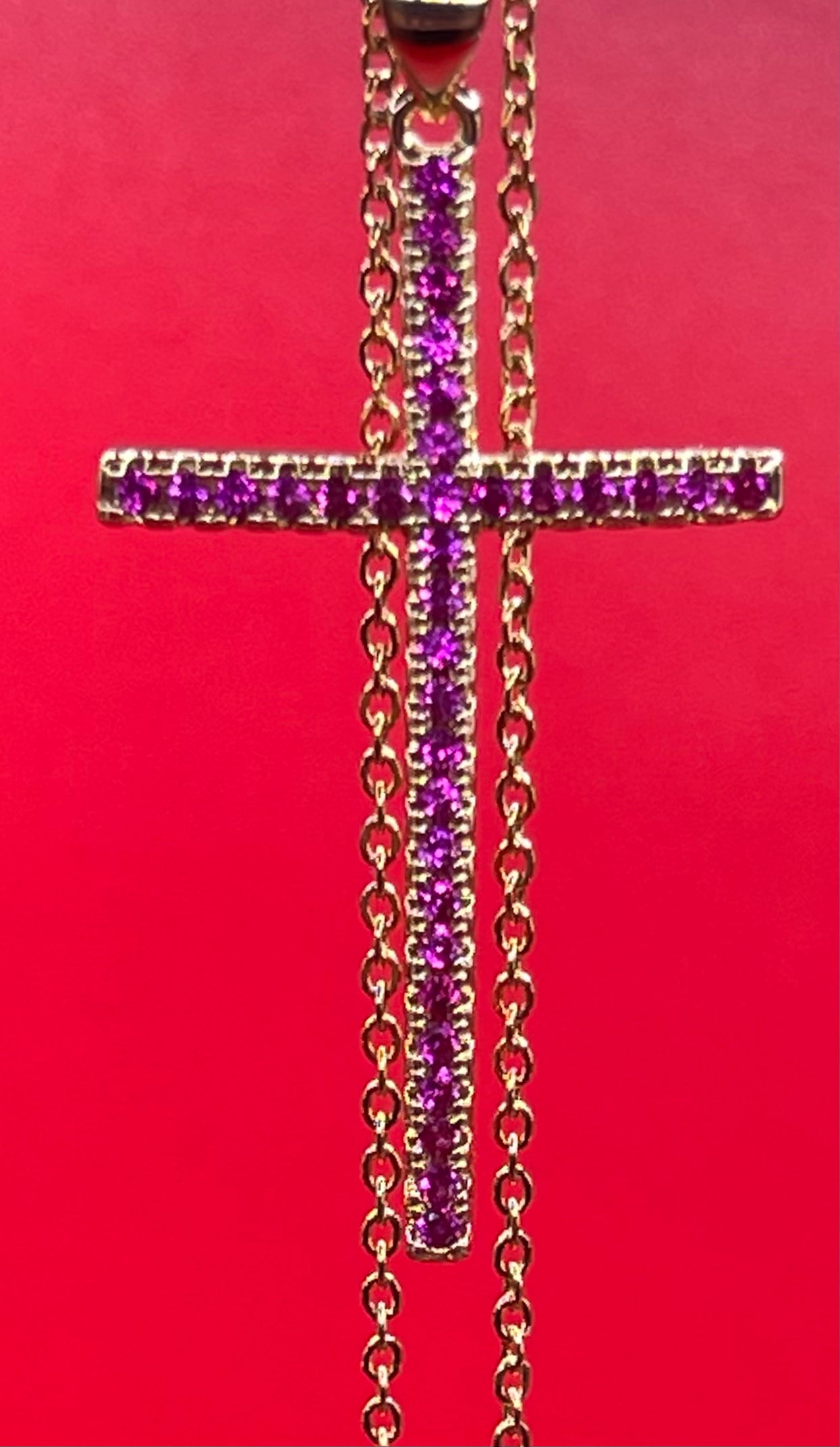 Colorful Zircon Cross Pendant 18 Inch Link Chain Necklace 18K Gold Plating For Men Or Women In Pink