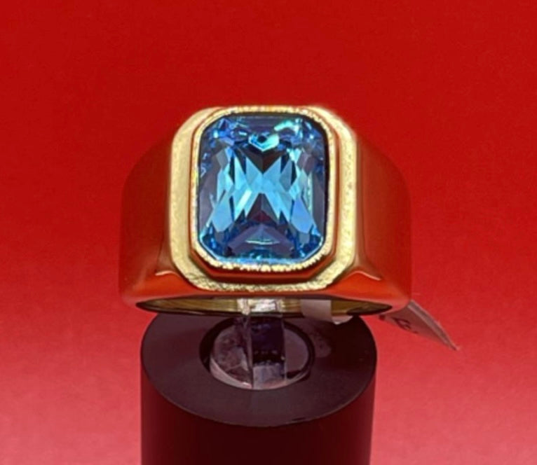 Square Gem Stone Stainless Steel Ring Men Jewelry Gold With Light Blue Size 10