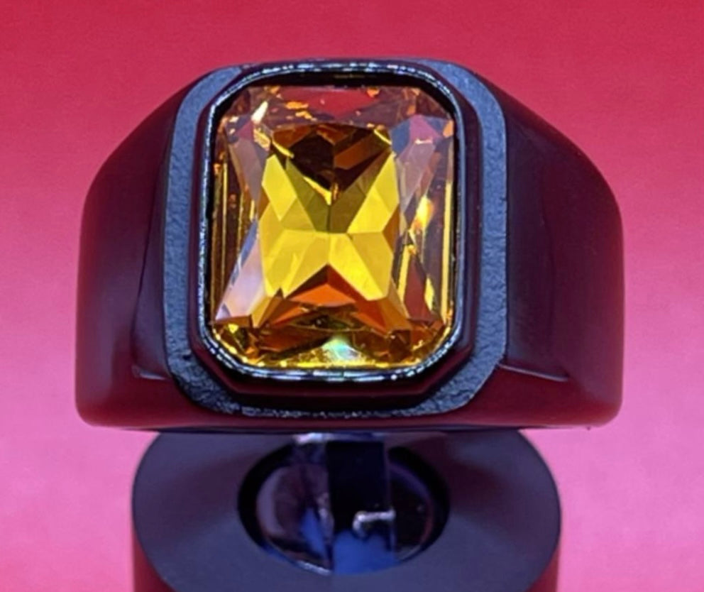 Square Gem Stone Stainless Steel Ring Men Jewelry Black Citrine Size 10