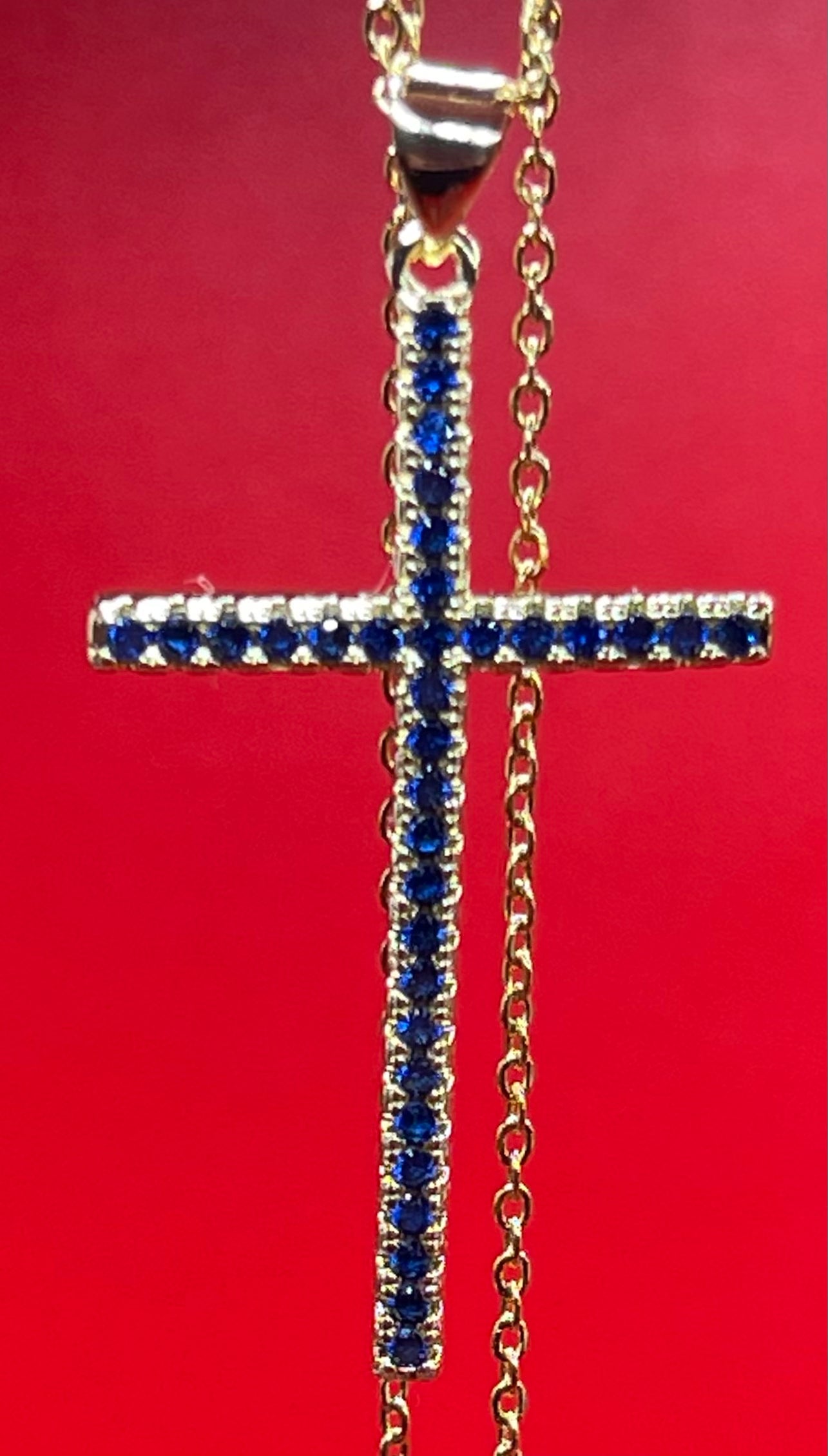 Colorful Zircon Cross Pendant 18 Inch Link Chain Necklace 18K Gold Plating For Men Or Women In Blue