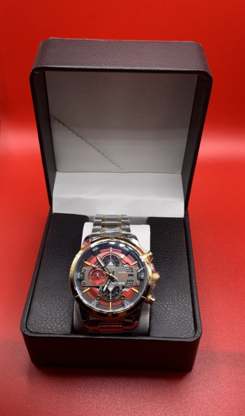 Men Watch Stainless Steel Water Proof In Red Face Silver Steel Belt