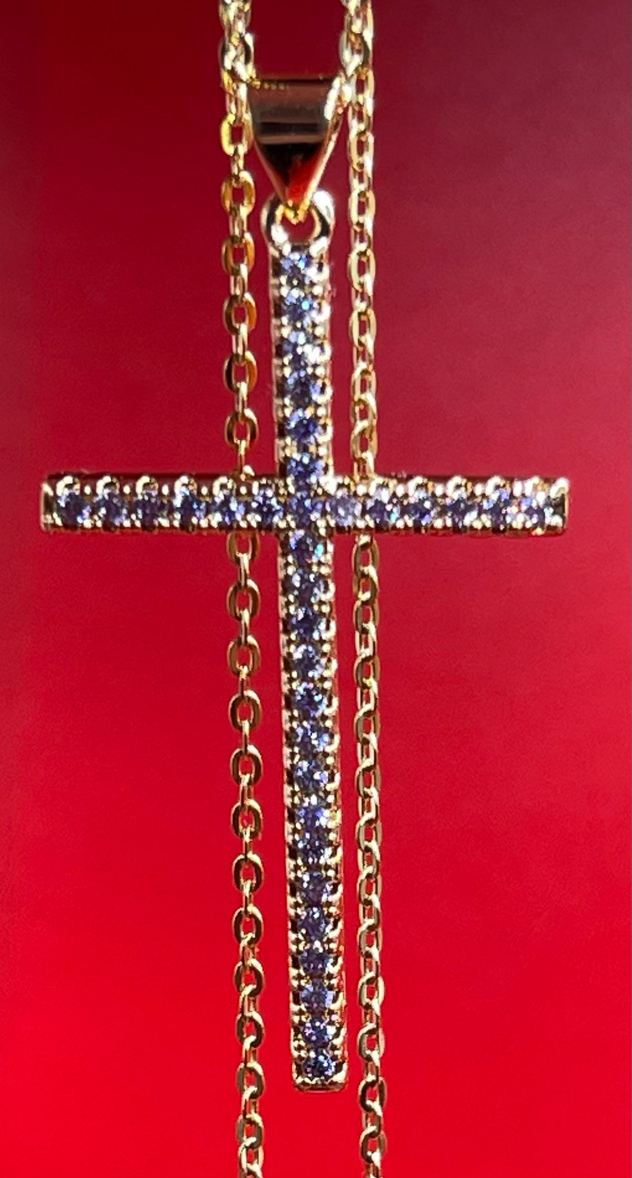 Colorful Zircon Cross Pendant 18 Inch Link Chain Necklace 18K Gold Plating For Men Or Women In Lilac