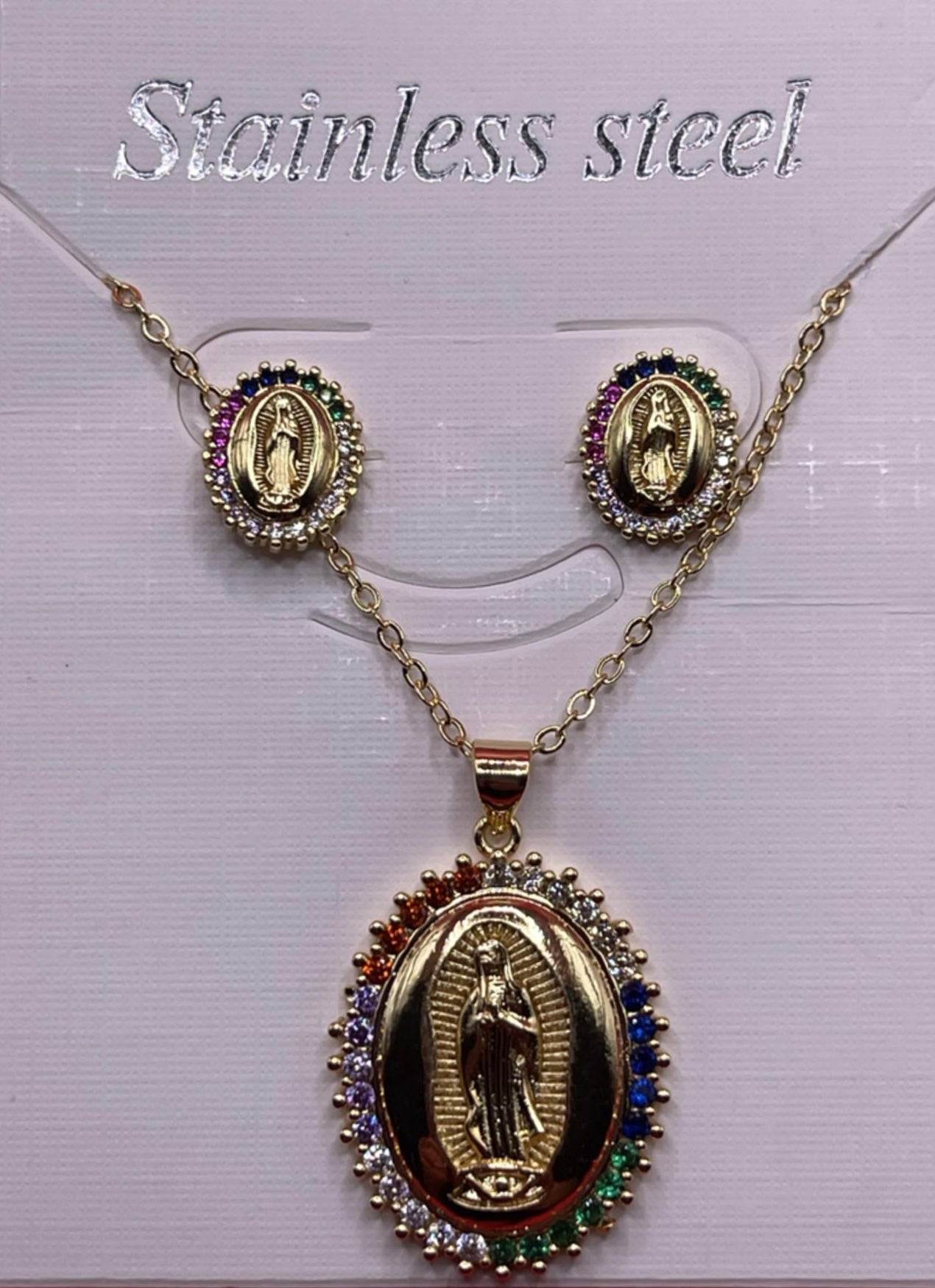 Beautiful Virgin Mary Pendant Necklace With Earring Studs