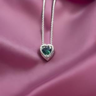 925 Sterling Silver Bling Heart Shaped Pendant Chain Necklace Emerald