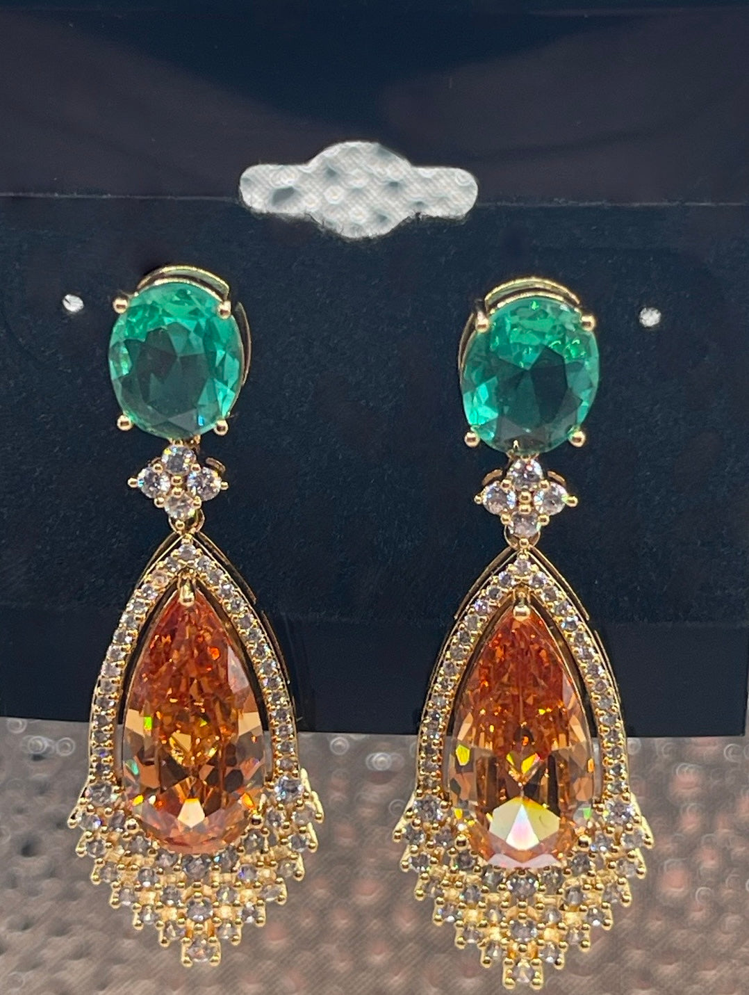 Stunning Luxury Cubic Zirconia Big Long Drop Earrings Sparkling Champagne And Green