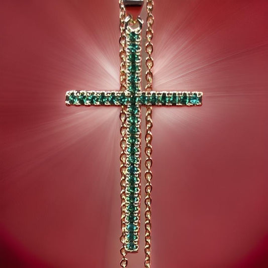 Colorful Zircon Cross Pendant 18 Inch Link Chain Necklace 18K Gold Plating For Men Or Women In Green