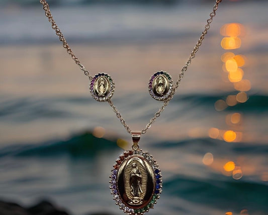 Beautiful Virgin Mary Pendant Necklace With Earring Studs