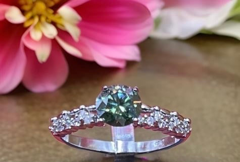 Green Moissanite Ring, 925 Sterling Silver