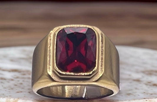 Square Gem Stone Stainless Steel Ring Men Jewelry Gold Red Size 10