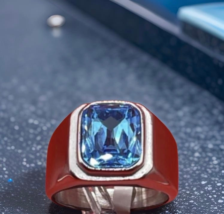 Square Gem Stone Stainless Steel Ring Men Jewelry Silver With Light Blue Size 10