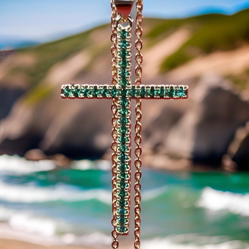 Colorful Zircon Cross Pendant 18 Inch Link Chain Necklace 18K Gold Plating For Men Or Women In Green