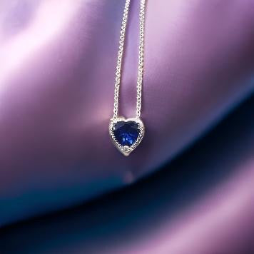 925 Sterling Silver Bling Heart Shaped Pendant Chain Necklace Sapphire