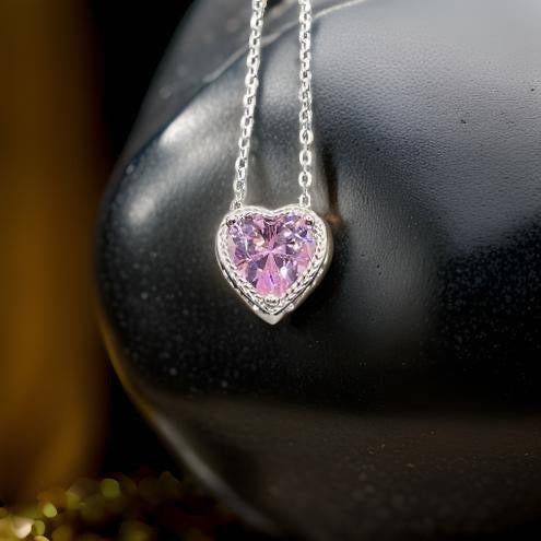 925 Sterling Silver Bling Heart Shaped Pendant Chain Necklace Pink