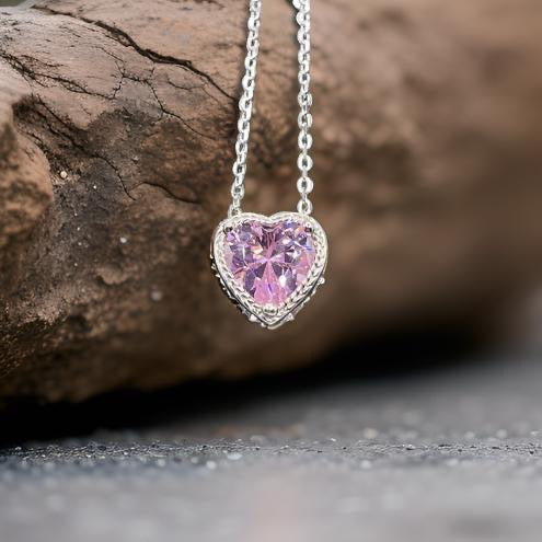 925 Sterling Silver Bling Heart Shaped Pendant Chain Necklace Pink