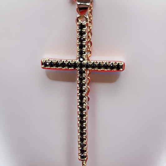 Colorful Zircon Cross Pendant 18 Inch Link Chain Necklace 18K Gold Plating For Men Or Women In Black