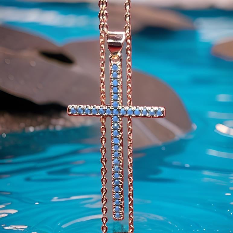 Colorful Zinc Cross Pendant 18 Inch Link Chain Necklace 18K Gold Plating For Men Or Women Light Blue