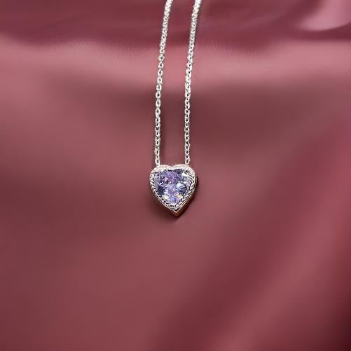 925 Sterling Silver Bling Heart Shaped Pendant Chain Necklace In Light Purple