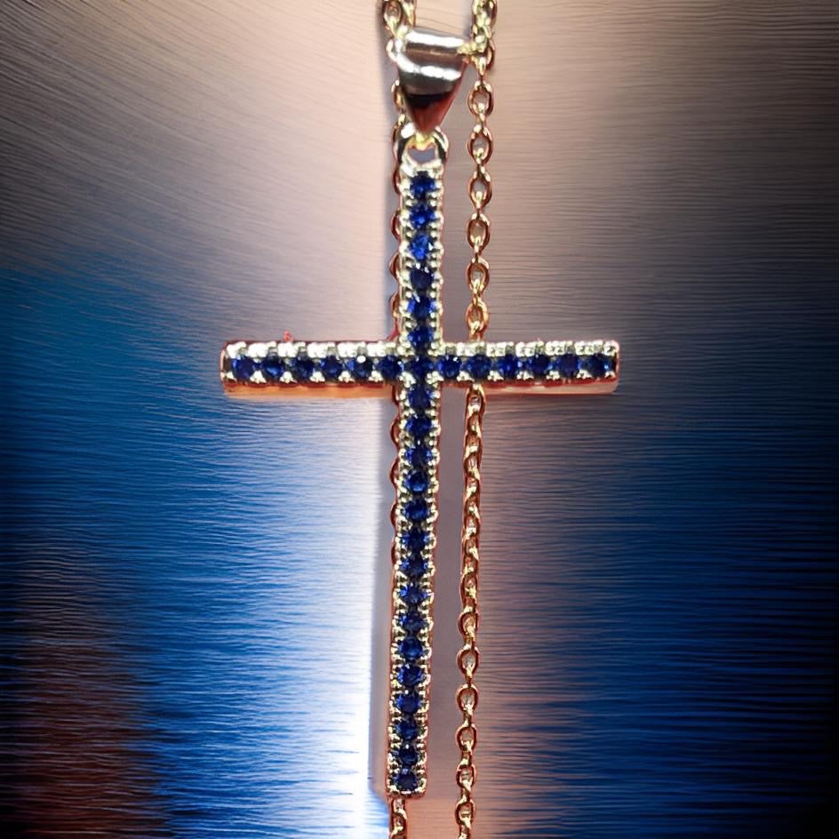 Colorful Zircon Cross Pendant 18 Inch Link Chain Necklace 18K Gold Plating For Men Or Women In Blue