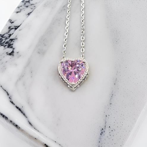 925 Sterling Silver Bling Heart Shaped Pendant Chain Necklace Pink