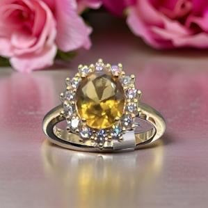 Women Gift 925 Sterling Silver Party High Quality Jewelry Cocktail Luxury Ring 18 K Gold Plated In Citrine Size 7