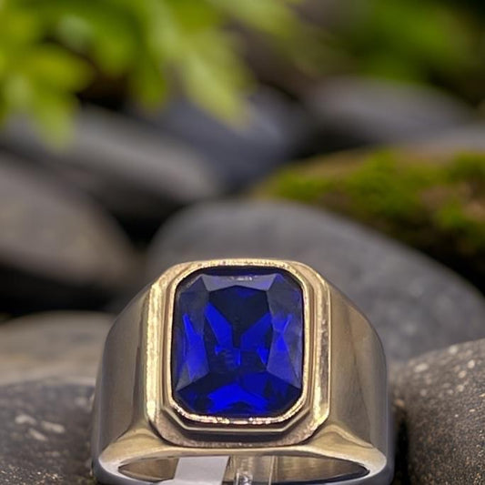 Square Gem Stone Stainless Steel Ring Men Jewelry Gold Blue Size 10