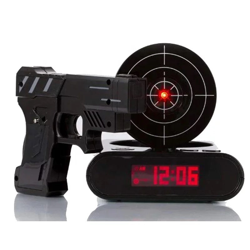 Gun Shooting Target Alarm Clock Infrared Laser Projector Desk LED Digital Display In Black