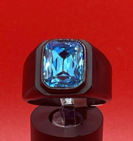 Square Gem Stone Stainless Steel Ring Men Jewelry Black With Light Blue Size 10