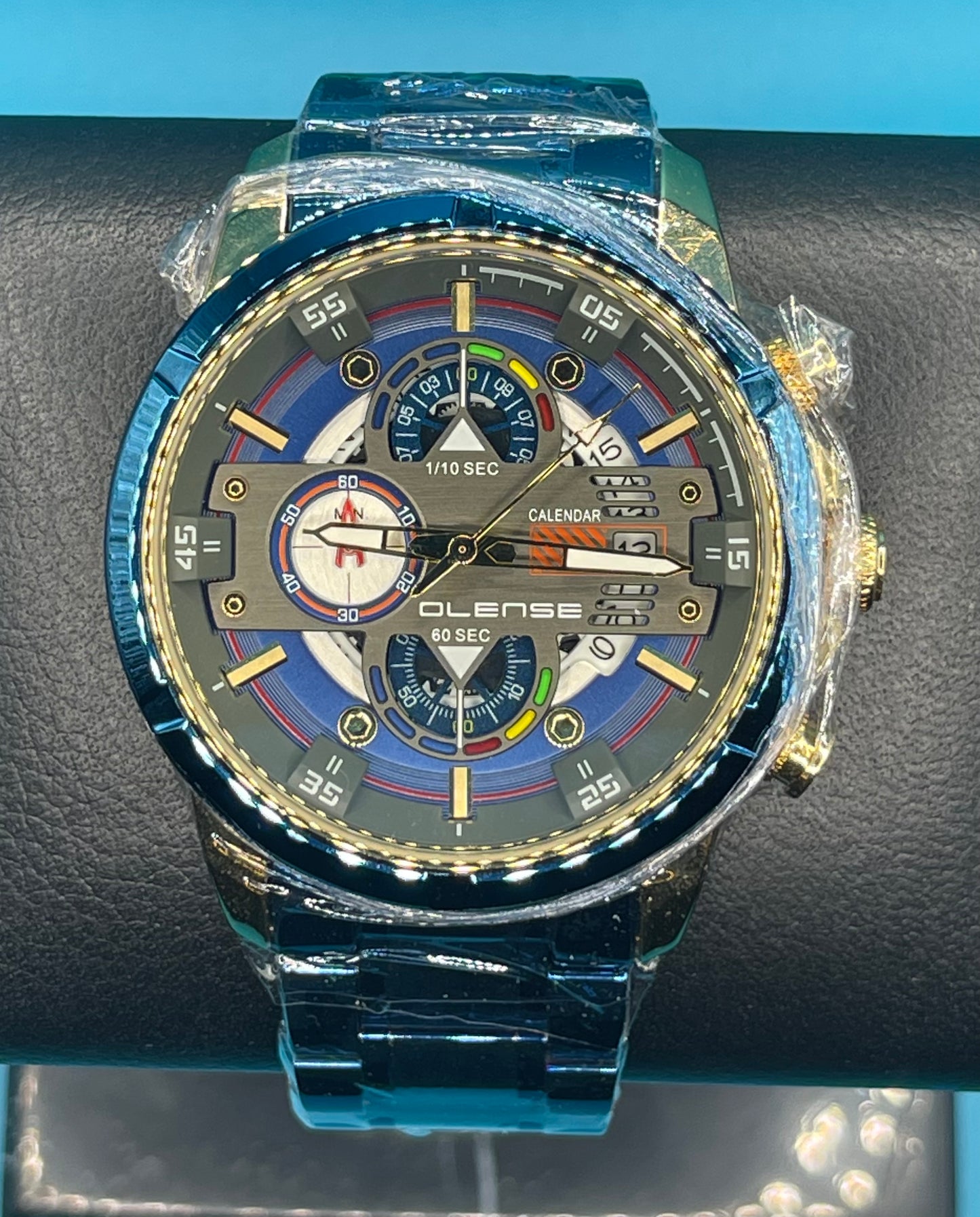 Men Watch Stainless Steel Water Proof In Blue Face Blue Steel Belt