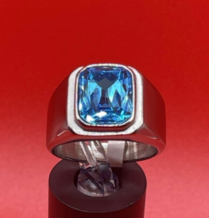 Square Gem Stone Stainless Steel Ring Men Jewelry Silver With Light Blue Size 10