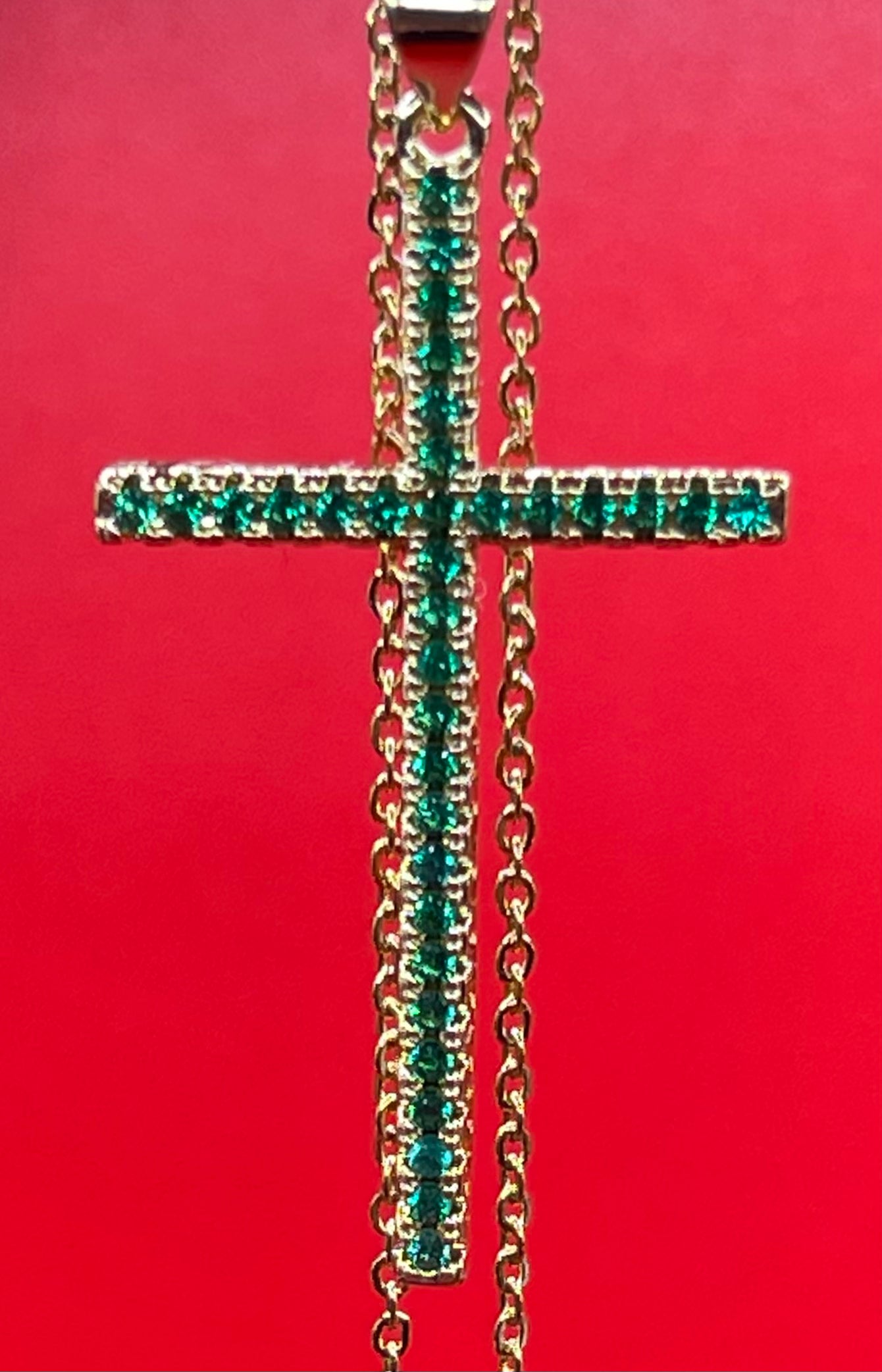 Colorful Zircon Cross Pendant 18 Inch Link Chain Necklace 18K Gold Plating For Men Or Women In Green