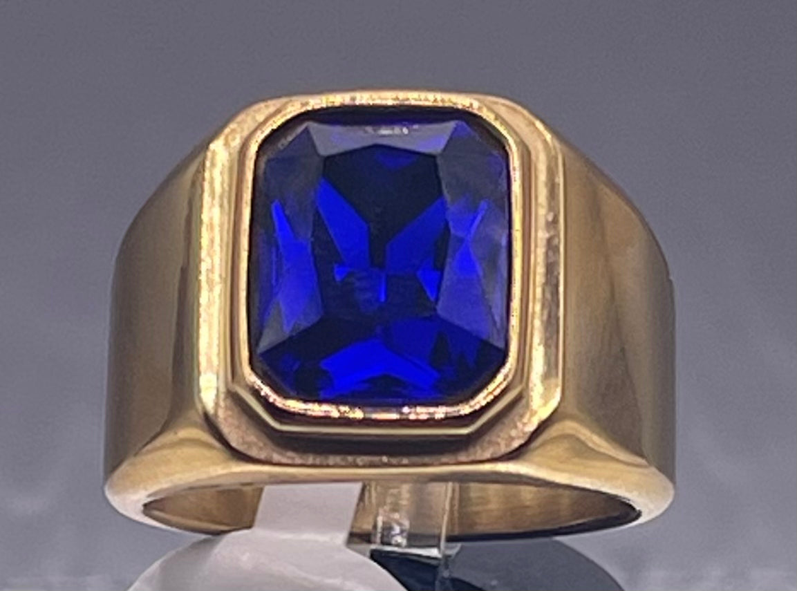 Square Gem Stone Stainless Steel Ring Men Jewelry Gold Blue Size 10