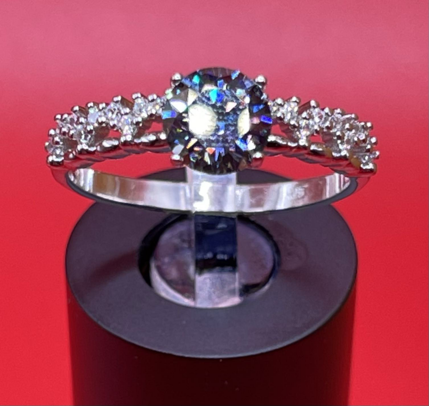 Blue Moissanite Ring, 925 Sterling Silver