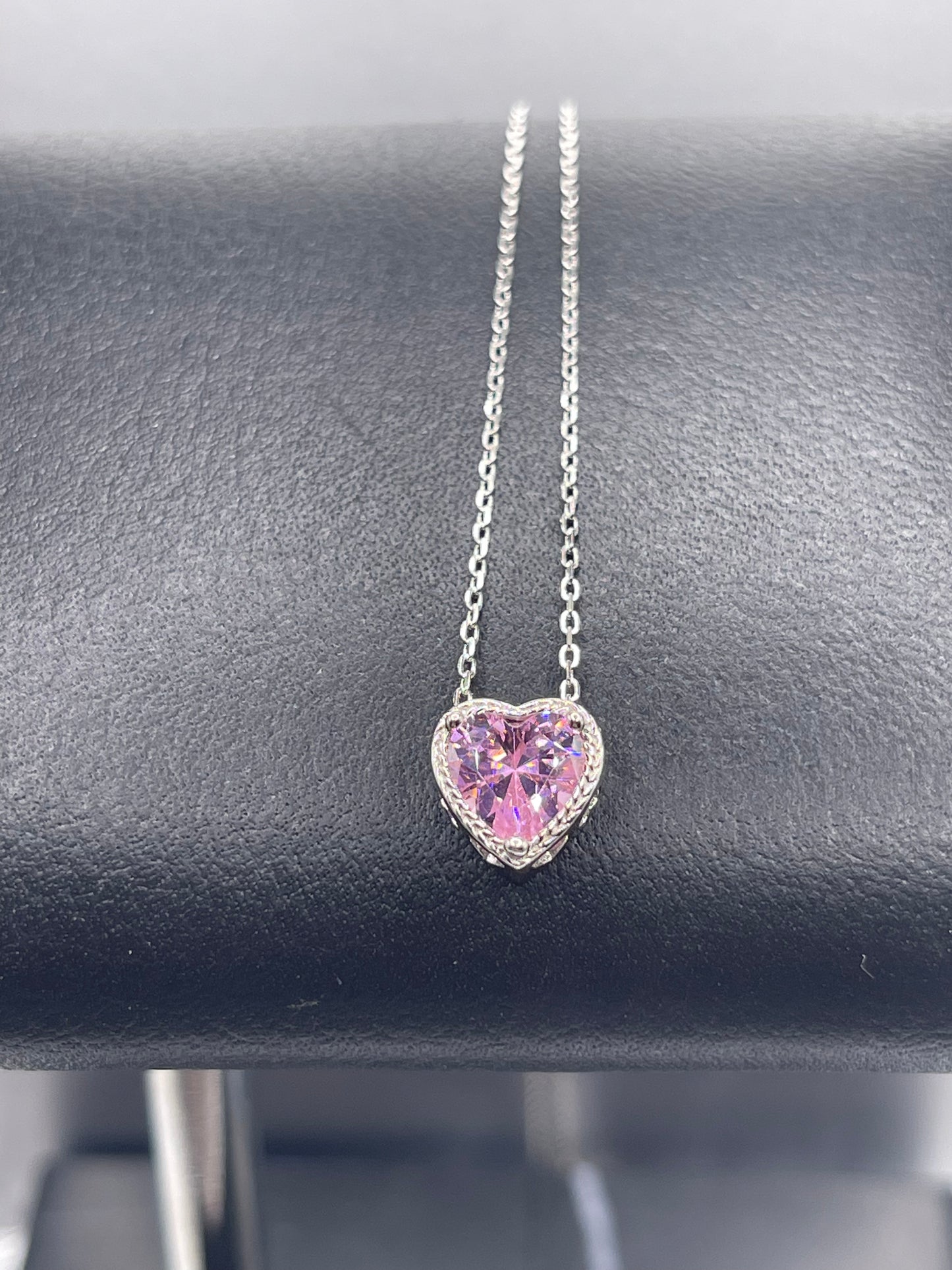 925 Sterling Silver Bling Heart Shaped Pendant Chain Necklace Pink