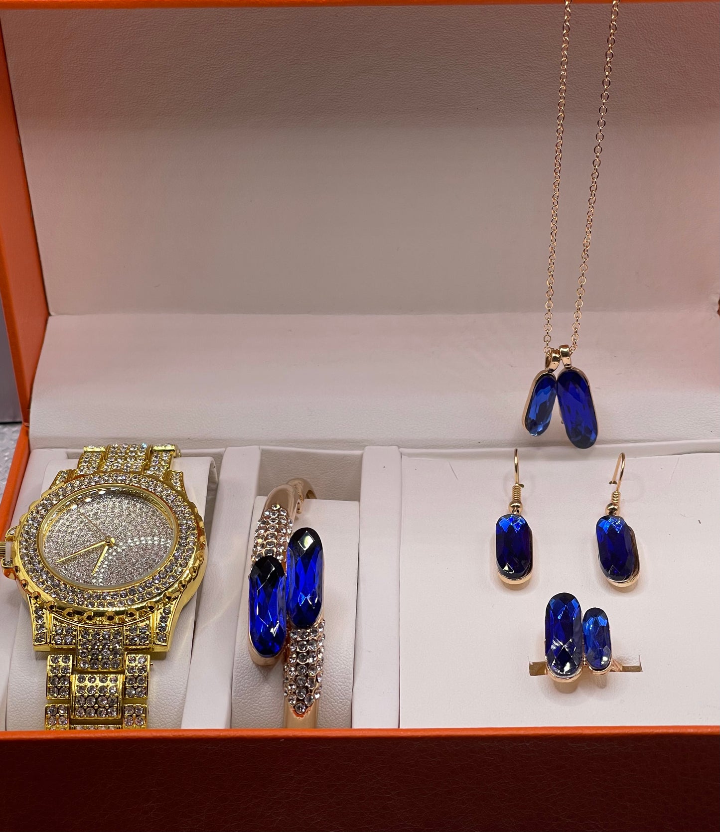 Gift Item For Women - 5 Piece Fashion Bling Iced Out Gold Blue