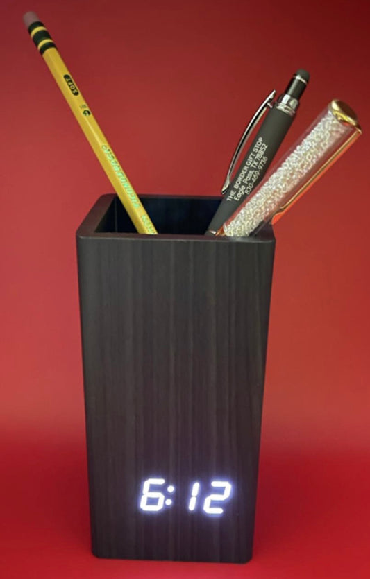 Wood Pen Holder - Desk Gift With LED Clock And Alarm - In Black