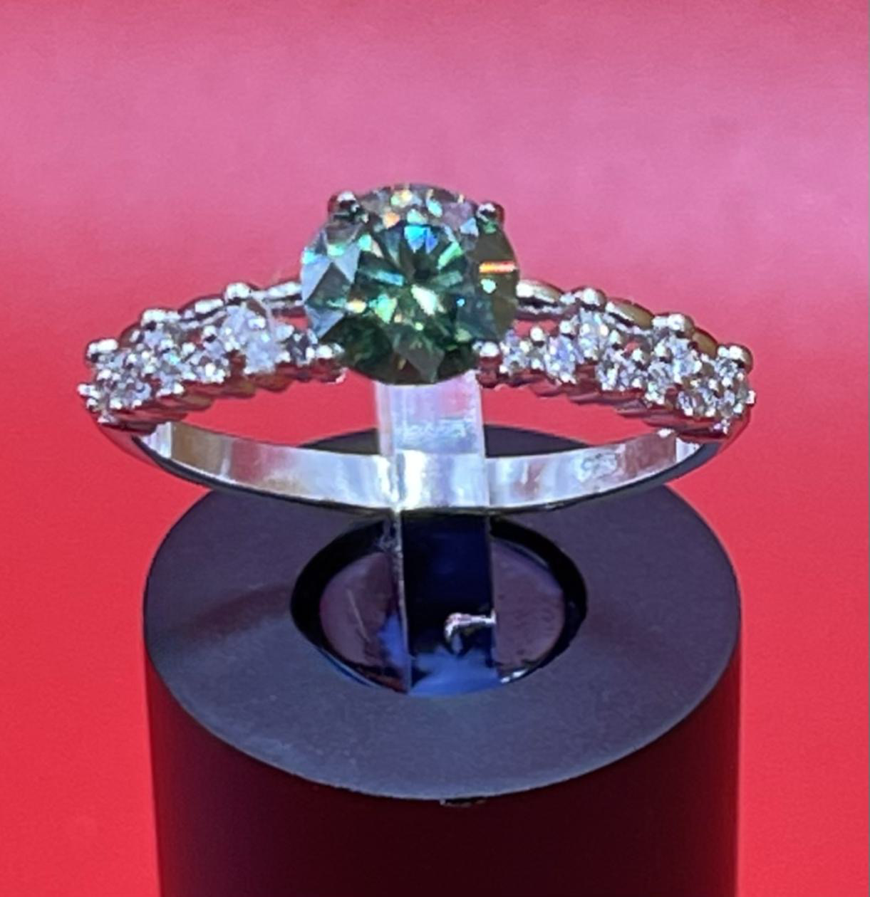 Green Moissanite Ring, 925 Sterling Silver